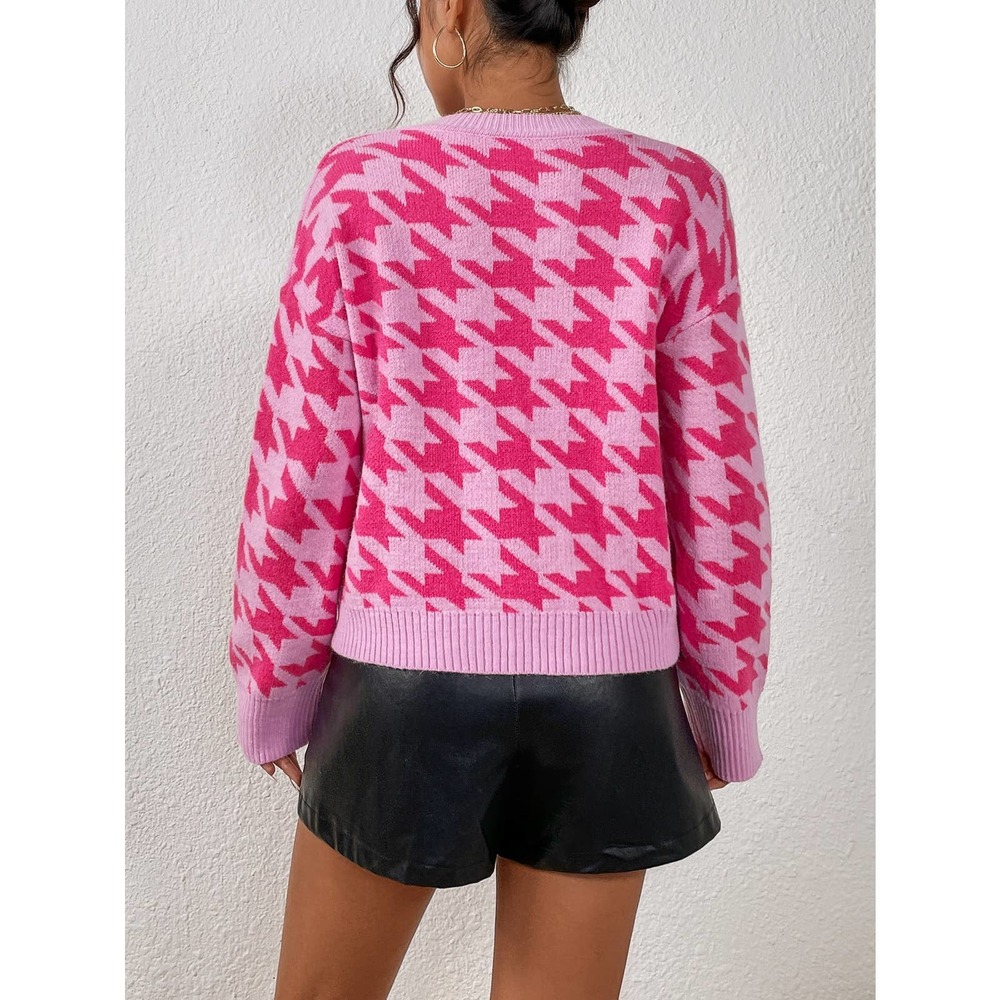 Houndstooth Pattern Drop Shoulder Sweater hot pink preppy y2k - Picture 2 of 6